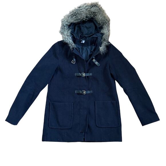 H&M Basic Navy Blue Parka Coat w/ Faux Fur Hood Size 4 - Picture 1 of 10